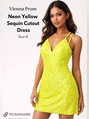 Vienna Prom Neon Yellow Sequin Cutout Mini Dress